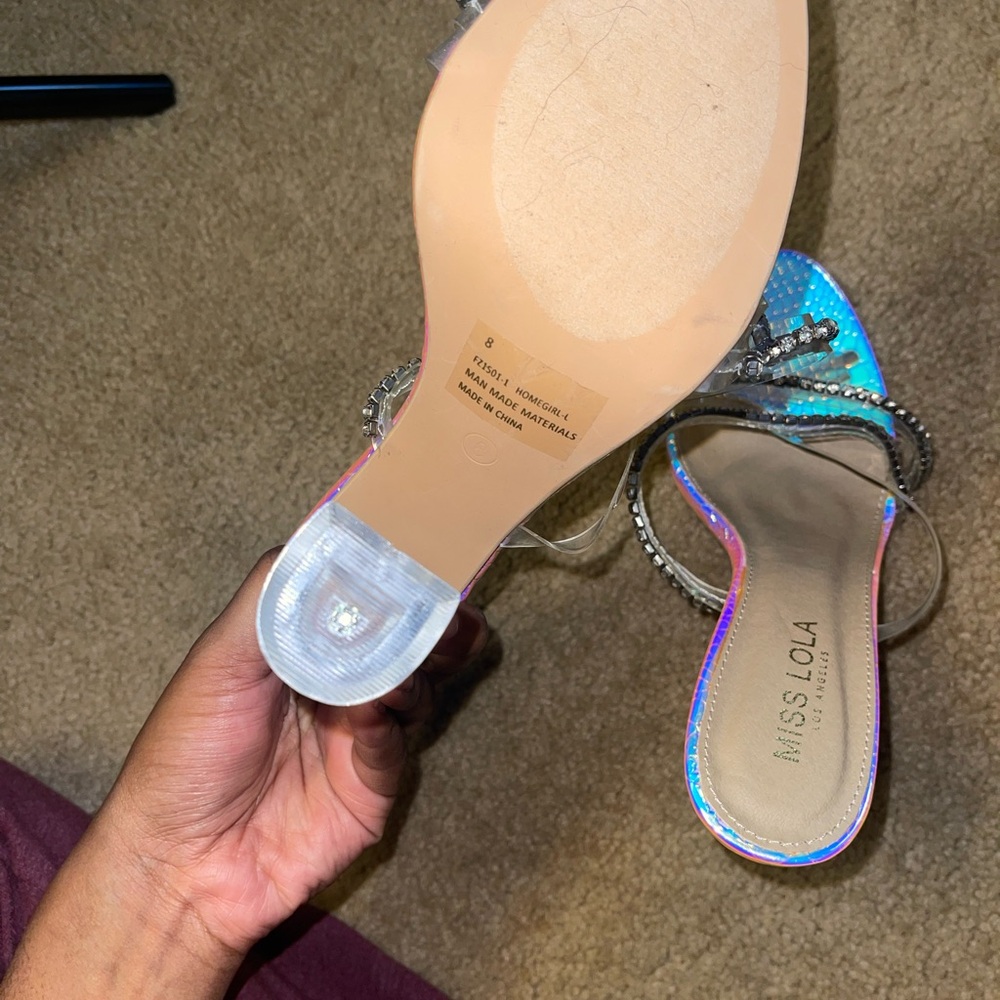 Miss Lola Iridescent Blue Heels with Rhinestone Straps - Picture 5 of 6